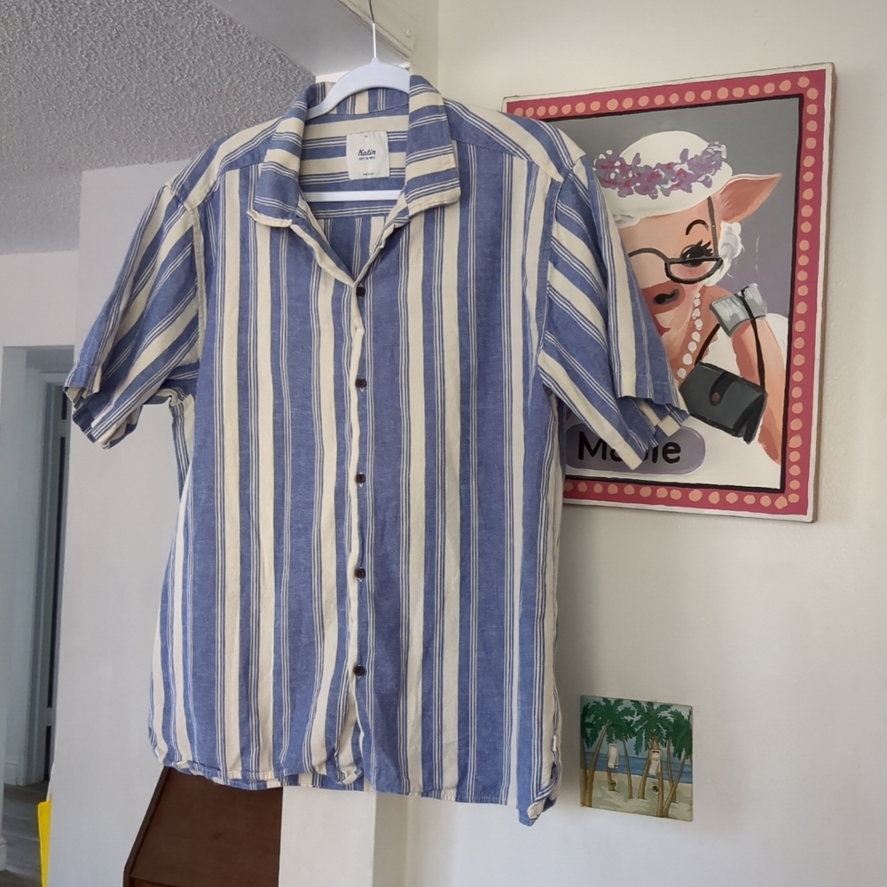 🌴 KATIN Mens XL Blue Striped Button Front LINEN COTTON Blend Short Sleeve Shirt